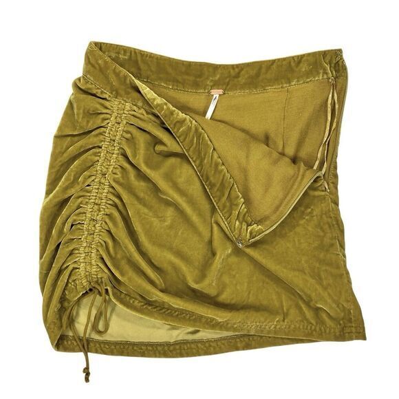 Free People Vivienne Velvet Mini Skirt 2 Yellow Ruched Drawstring Classy Pull On - Picture 4 of 11